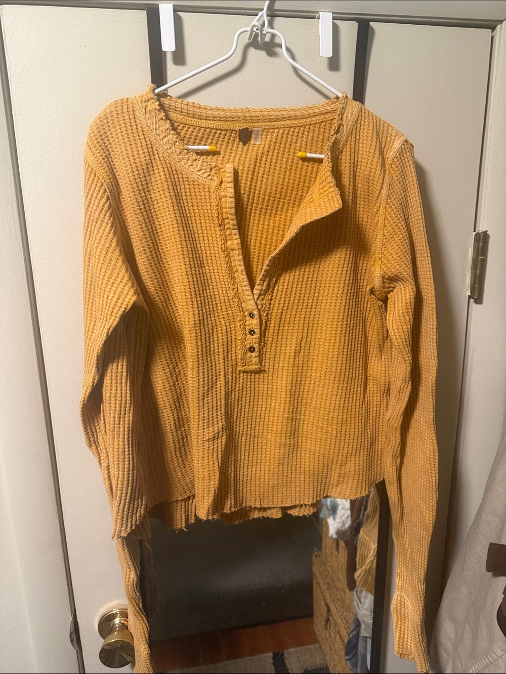 Free People Waffle-Knit Henley Sweater - Mustard Yellow Sz L